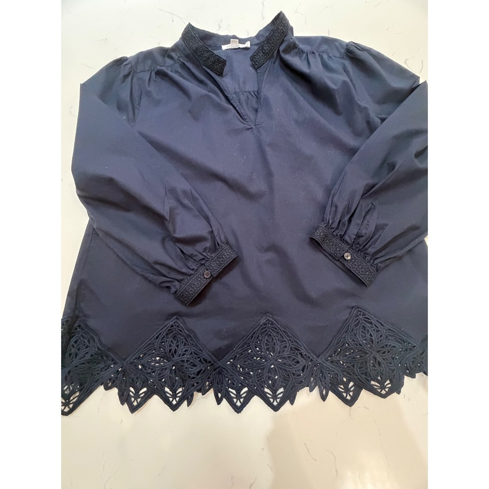 Chicos Navy Blue Cotton Split Neck Lace Trim Hem Blouse Top Size 3 XL 16